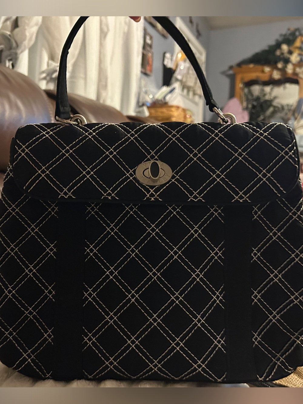 Vera Bradley Black Quilted Top-Handle Bag with Contrast Stitching